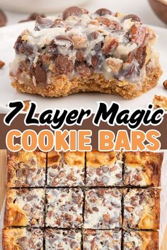 two layer magic cookie bars on a white plate with text overlay that reads, 7 layer magic cookie bars