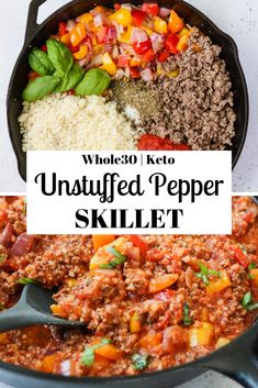 a skillet filled with meat and vegetables next to a sign that says, what's keto untapped pepper skillet