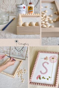 Photographs showing the different stages of making a bobble frame. Gluing the split wooden balls to the frame, and the finished painted frame. Bobbin Frame, Diy Nursery, Diy Picture Frames, Christening Gifts, Wooden Art, Wooden Crafts, Diy Frame, Diy Arts And Crafts