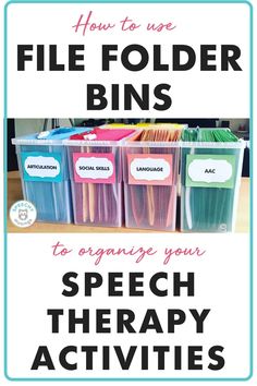 Are you looking for a simple way to organize all your speech and language therapy resources? My favorite way SLP organization tip is to use file bins to store all your speech and language therapy activities and resources. This simple to use organization system allows you to keep all your favorite speech and language therapy activities organized and easily accessible. Learn how I use them and grab free labels to help you organize your speech therapy activities here. Manila Folder Organization, Aba Materials Organization, Slp Office Organization, Speech Therapy Activities Articulation, Slp Office, Speech Therapy Organization