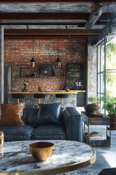 an industrial living room with brick walls and leather couches, coffee table in the foreground