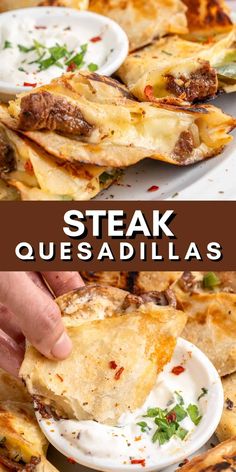 steak quesadillas on a plate with sour cream in the middle and sauce