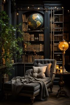 a living room with bookshelves and a couch in the corner, surrounded by greenery