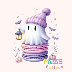 a white ghost with a purple hat and lantern