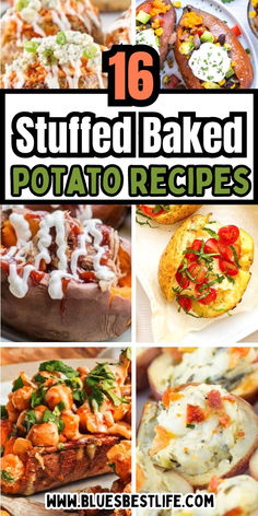 A collection of stuffed baked potatoes. Baked Potato Diet, Stuffed Baked Potato Dinner Ideas, Baked Potato Recipes Stuffed, Chicken Stuffed Baked Potatoes Recipes, Stuff Baked Potatoes, Stuffed Baked Potato Recipes, Baked Potatoes With Chicken, Bake Potato Recipes Stuffed, Vegetarian Stuffed Baked Potatoes