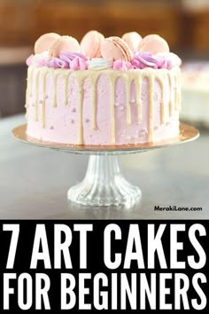 a cake with pink icing and gold sprinkles on top is featured in the magazine 7 art cakes for beginners