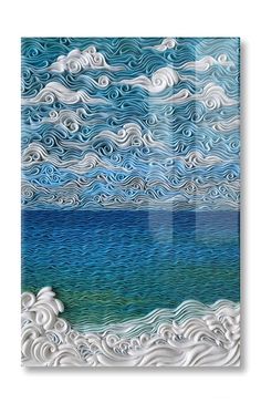 an abstract painting with blue and white waves