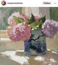 a painting of pink flowers in a blue vase