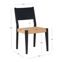 the side view of a black chair with a wooden seat and back, measurements are shown