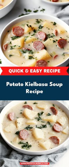 two bowls filled with potato kielbasa soup