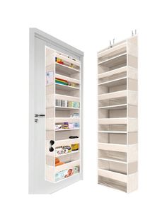 an open door to a medicine cabinet with shelves on both sides and the doors closed