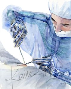 a watercolor painting of a man with a surgical mask and gloves on holding a pair of scissors