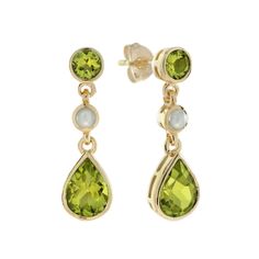 A beautiful pair of 2.30-carat peridot drop shapes suspended from two pearls and round peridot set in 14k yellow gold. Information Metal: 14K Yellow Gold Width: 7 mm. Length: 24 mm. Weight: 3.50 g. (approx. total weight) Backing: Push Back Center Gemstones Type: Peridot Shape: Tear Drop & Round Size: 8 x 6 mm. & 4 mm. Number: 4 Weight: 2.90 Carat (approx. total weight) Additional Gemstones Type: Pearl Shape: Round Size: 3 mm. Number: 2 Weight: 0.28 Carat (approx. total weight) These earrings wil Art Deco Drop Earrings, Citrine Drop Earrings, Gold Diamond Drop Earrings, Yellow Gold Drop Earrings, Tear Drop Earrings, Earring Box, Halo Earrings, Grey Diamond, Number 4