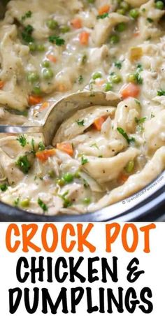 crock pot chicken and dumplings recipe with text overlay