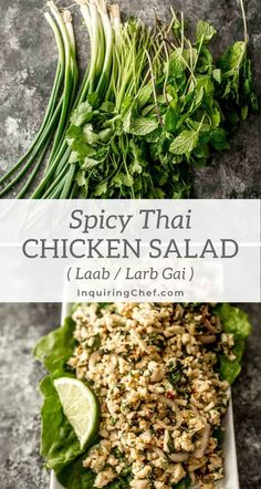 spicy thai chicken salad with lettuce and cilantro on a white plate