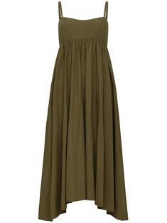 olive green cotton poplin texture adjustable spaghetti straps square neck sleeveless two side slit pockets low back concealed rear zip fastening asymmetric hem mid-length Dressy Summer Dresses, Black Strappy Dress, Medieval Garb, Midi Dress Green, The Rachel, Green Accessories, Strappy Dress, City Dress, Silk Midi Dress