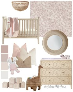 a baby's room with pink and beige accents