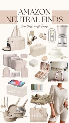 an image of a woman with many items in her hand and the words amazon neutral finds below it