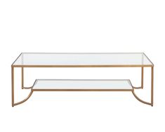 a glass and metal coffee table with two shelves on each side, against a white background