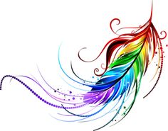 an artistic rainbow colored feather with stars and swirls