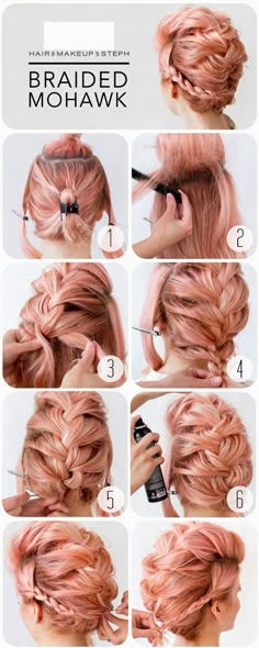 Braided Mohawk - This is a hairstyle that works on not only long hair but medium length and shorter hair too. Love her pink hair! Hairstyles Party, Mohawk Hair, Braided Mohawk, Mohawk Braid, Mohawks, Faux Hawk, Hair Updo, Hair Envy