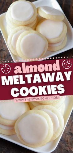 two plates with cookies on them and the words almond meltaway cookies in front of it