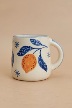 Lemon Coffee Mug - Mango + Main Hand Painted Tea Cups, Surface Design Ceramics, Trendy Pottery Painting Ideas, Cute Fall Mugs, Pop Art Ceramics, Cute Mugs Ceramics, Mug Ceramic Ideas, Mugs Ceramic Pottery, Ceramic Mug Painting Ideas