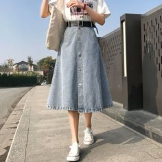 Long Skirt Jeans, High Waist Denim Skirt, Rok Midi, Skirt Streetwear, High Waisted Denim Skirt, Long Skirt Outfits, Streetwear Jeans, Stretch Denim Fabric