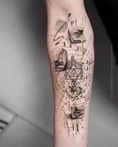 a person with a tattoo on their arm that has many different things in the background