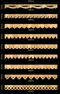 several different types of laces on black and white paper with gold trimmings