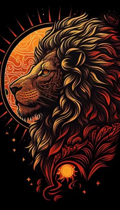 a lion's head with the sun behind it and stars in the sky above