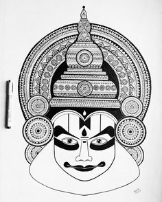 a black and white drawing of a woman's face with an elaborate headdress