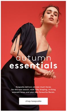 a woman in a black dress with the words autumn essentials written on her chest