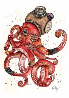 an octopus with a gas mask on it's head and tentacles around its neck