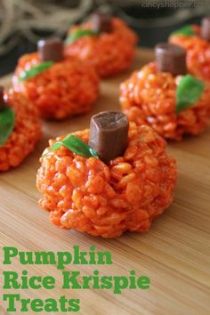 pumpkin rice krispie treats recipe on a cutting board with instructions for how to make them