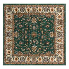 a green rug with an ornate design on the center and bottom, surrounded by flowers