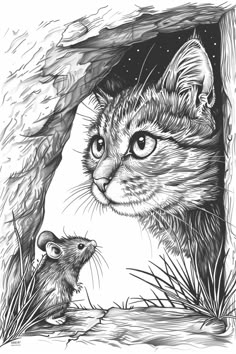 a black and white drawing of a cat looking at a mouse in a cave with grass