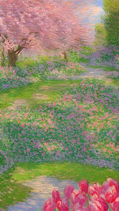 a painting of pink flowers and trees in the background, with green grass and water