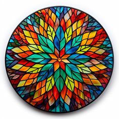 a colorful stained glass plate with leaves on it's sides and the center is circular