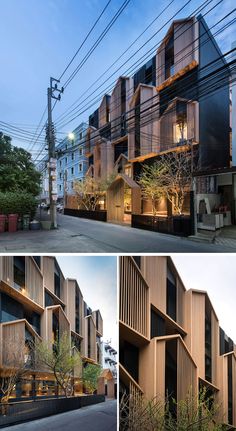 three different shots of an apartment building with wooden balconies on the sides and in the middle