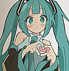 an anime character with blue hair and green eyes holding a cell phone in her hand