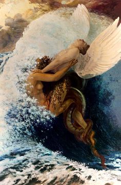 a painting of a woman in the water with wings