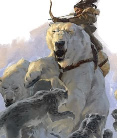 a painting of a man riding on the back of a polar bear with other bears