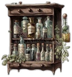 an old wooden cabinet filled with bottles and herbs