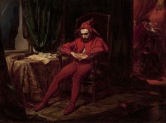 a painting of a man sitting on a chair in a room with other people around him