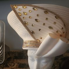 This Is The Matching Hat To The Leather Look Lisa Rene Black Label Suit Hat Is Cream In Color. It Has A Gold Colored Band Around The Hat. With A Bow And A Broach In The Front. The Hat Looks Like It Is Upside Down, Or The Inside Out Look. Luxury Fitted White Hat, Elegant Tall Crown Party Hat, Designer Curved Brim Hats For Parties, Fitted Tall Crown Hat For Party, Elegant Tall Crown Adjustable Hat, Elegant Fitted Costume Hat With Tall Crown, Suit Hat, Church Hat, Church Hats