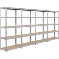 a metal shelving unit with four shelves and two wooden shelves on each side,