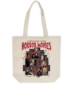 a tote bag with horror movies on it