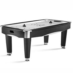 the air hockey table is black and silver