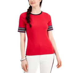 Tommy Hilfiger's Cotton Tee Is Anything But Basic, Courtesy Of Colorful Stripe Details At The Sleeves. Trendy Stretch Red Tops, Trendy Red Stretch Tops, Fitted Red Crew Neck Top, Casual Red Tommy Hilfiger T-shirt, Red Crew Neck Trendy Tops, Red Crew Neck Top For Spring, Trendy Red Crew Neck Top, Red Fitted Cotton Tops, Sporty Stretch Red Tops